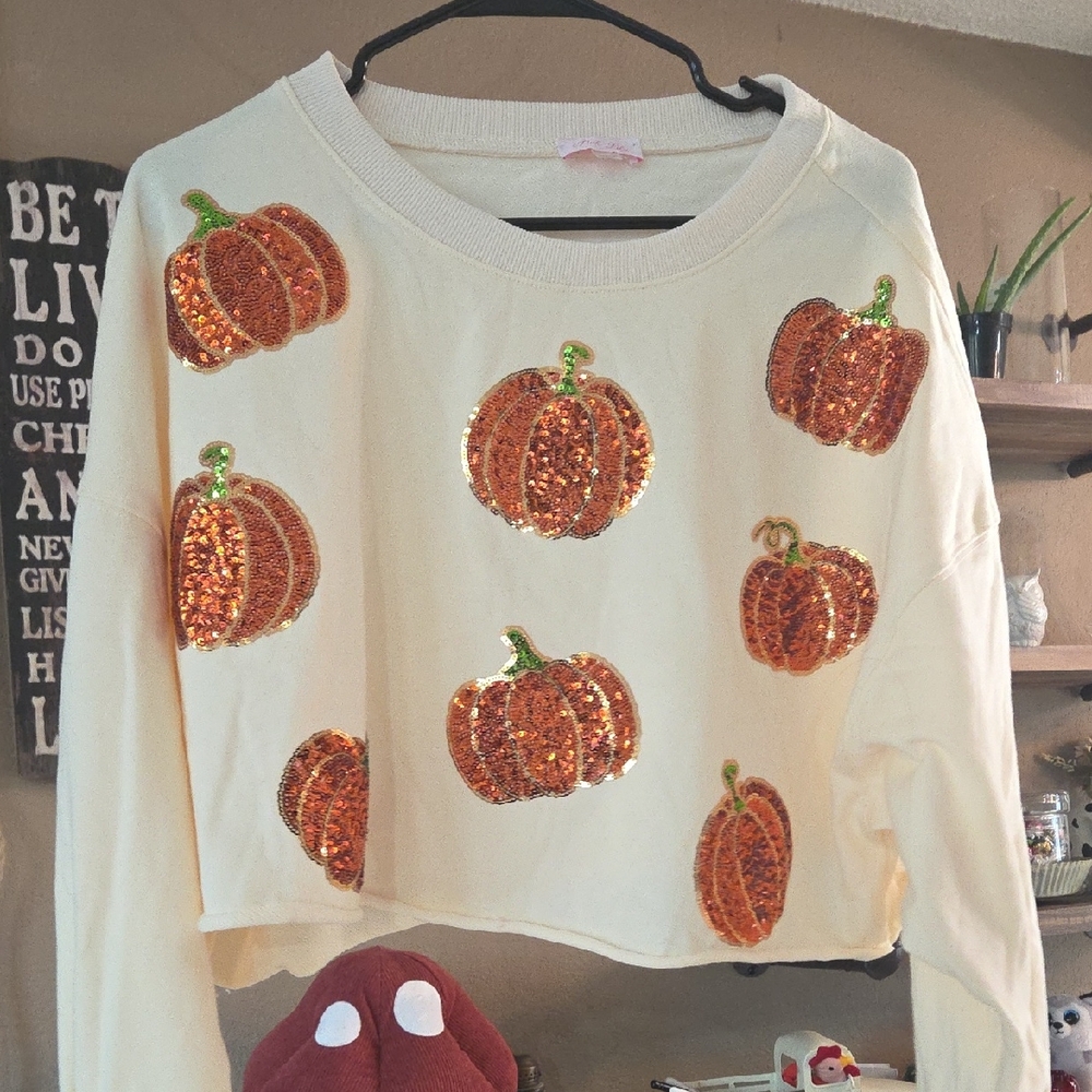 Pink Lily Cream Sweater with Orange Pumpkin Sequins